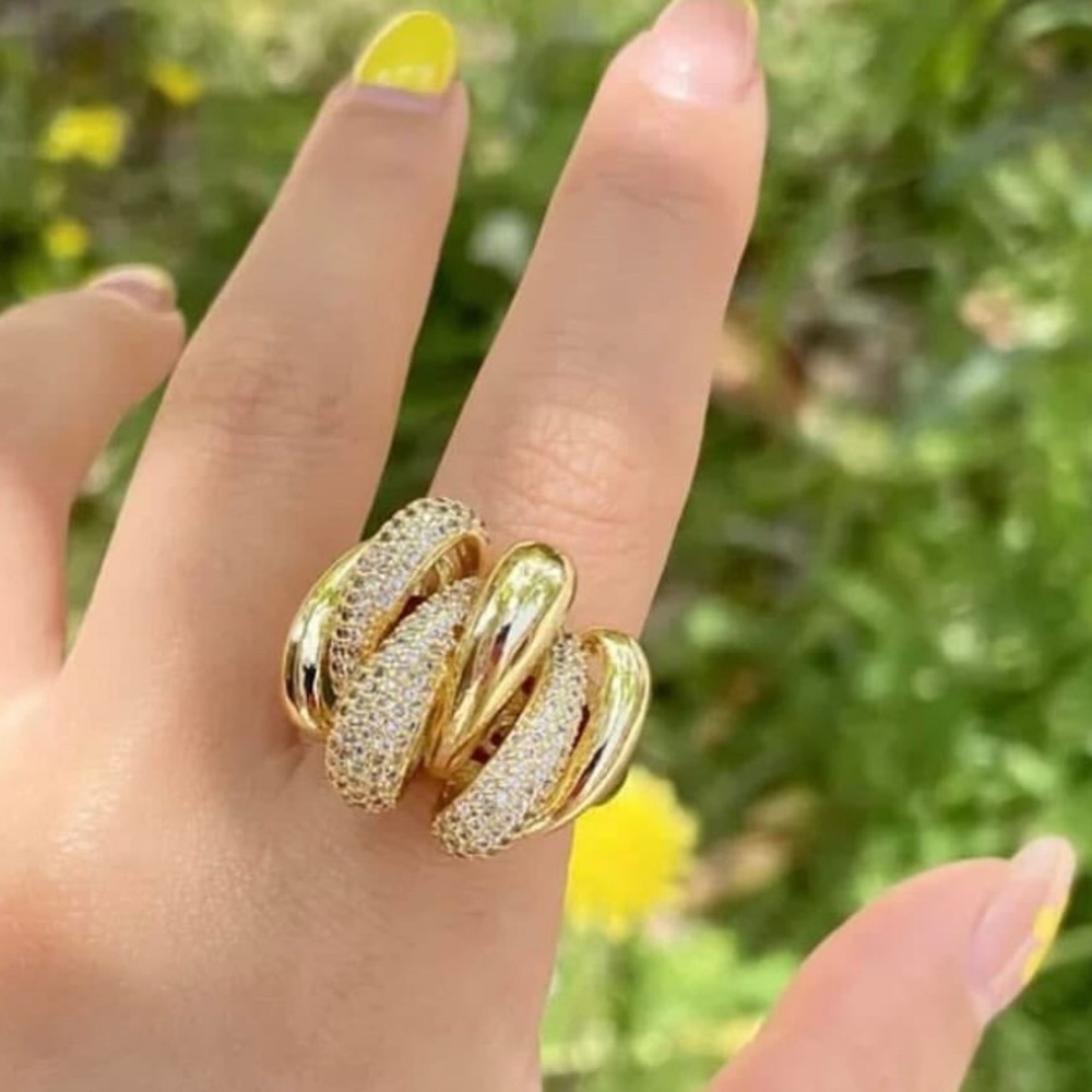 Dome Teardrop Open Ring | Cubic Zirconia | Modern Gold Tone Design